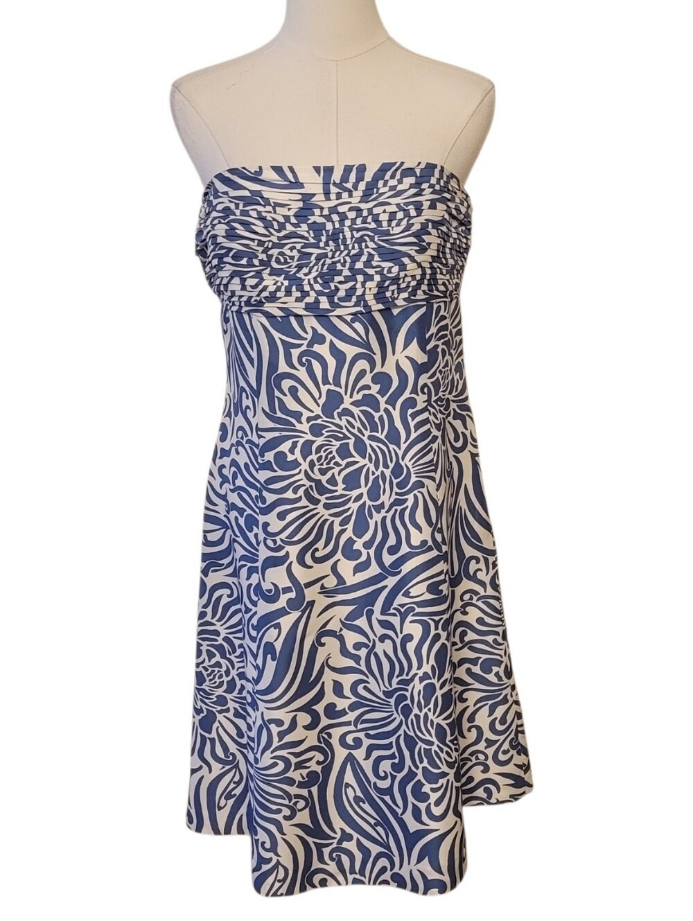 Ann Taylor Blue & White Silk Strapless Fit & Flare Dress Size 6